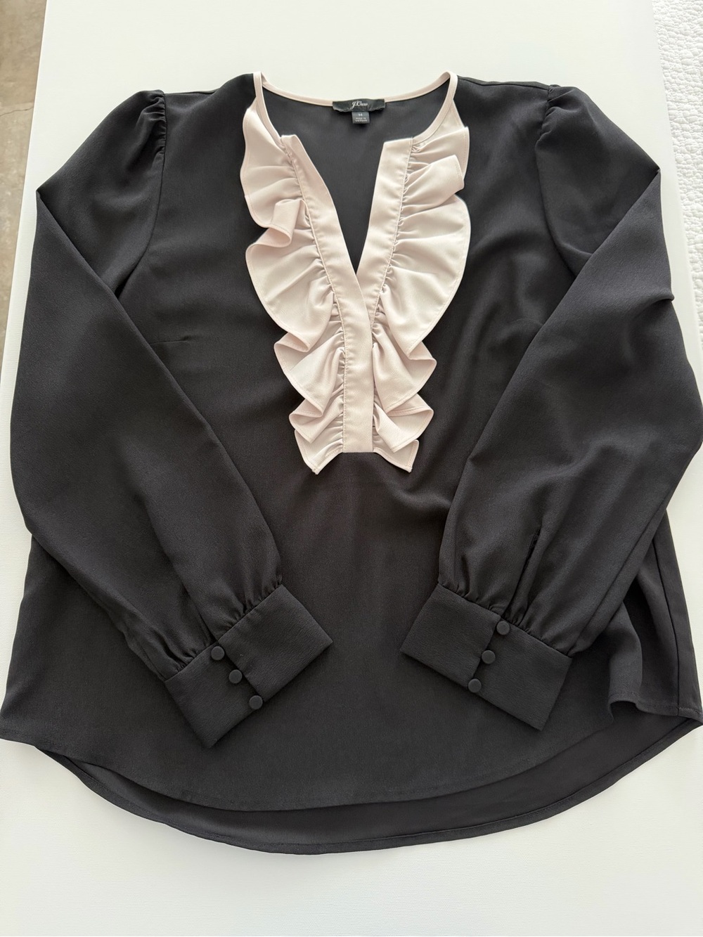 J. Crew Black Blush Ruffle V-Neck Long Sleeve Blouse
